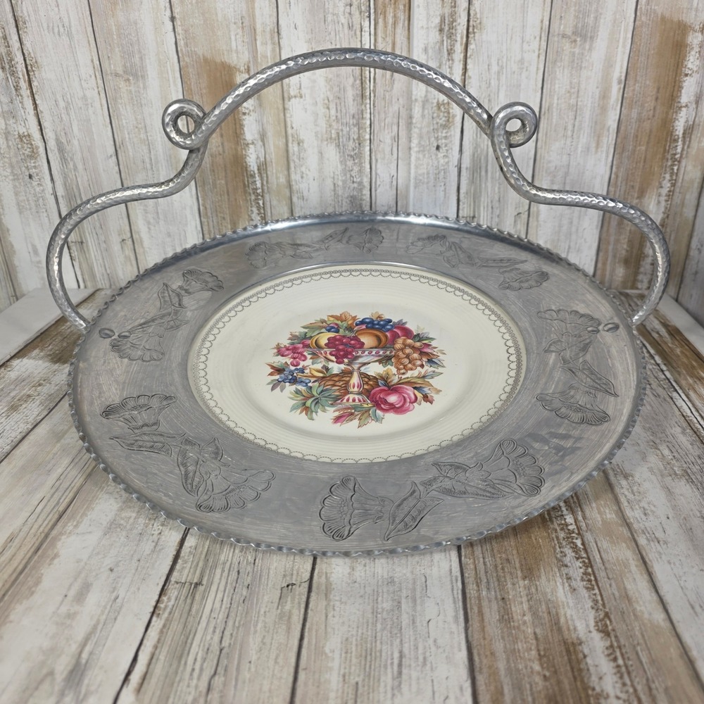 Vintage Farberware Wrought Aluminum Tray Triumph Limoges China Fruit 22K Gold